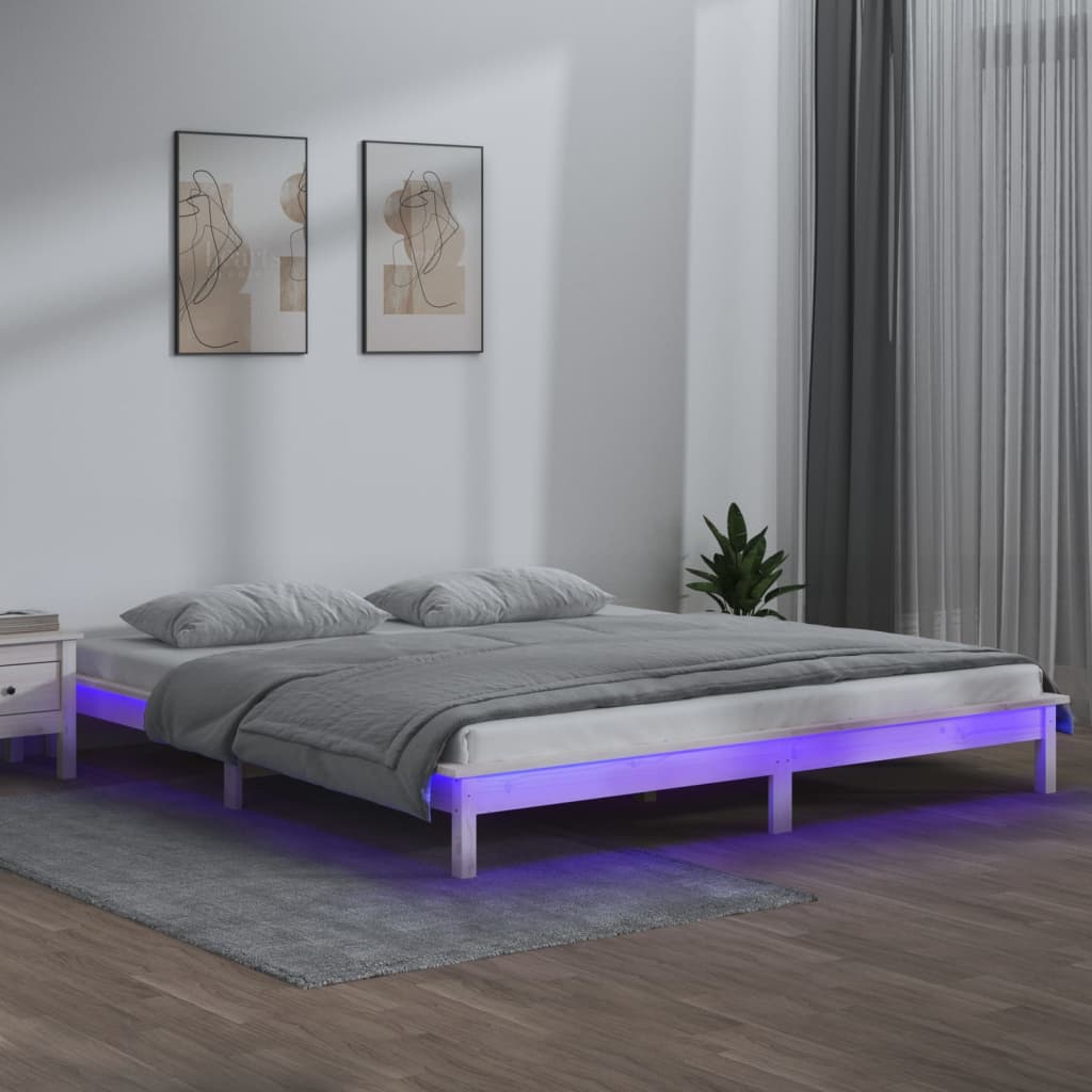 fehér tömör fa ágykeret LED-világítással 140x190 cm