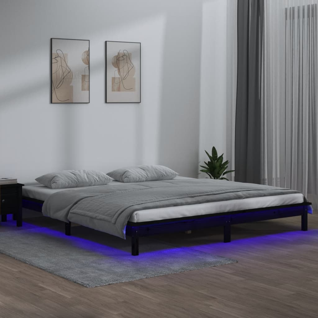 fekete tömör fa ágykeret LED-világítással 140x190 cm