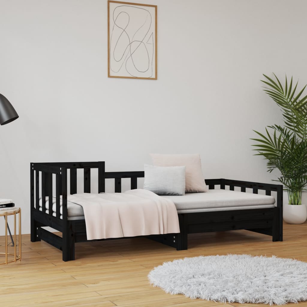 fekete tömör fenyőfa kihúzható kanapéágy 2x(80x200) cm