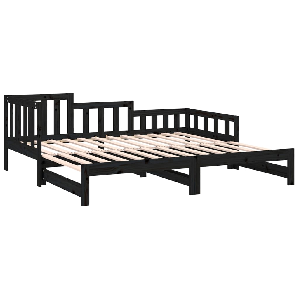 fekete tömör fenyőfa kihúzható kanapéágy 2x(80x200) cm