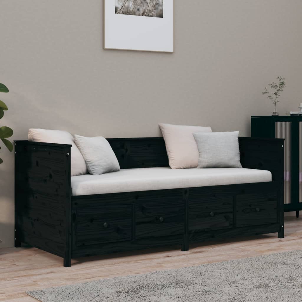 fekete tömör fenyőfa kanapéágy 90 x 190 cm