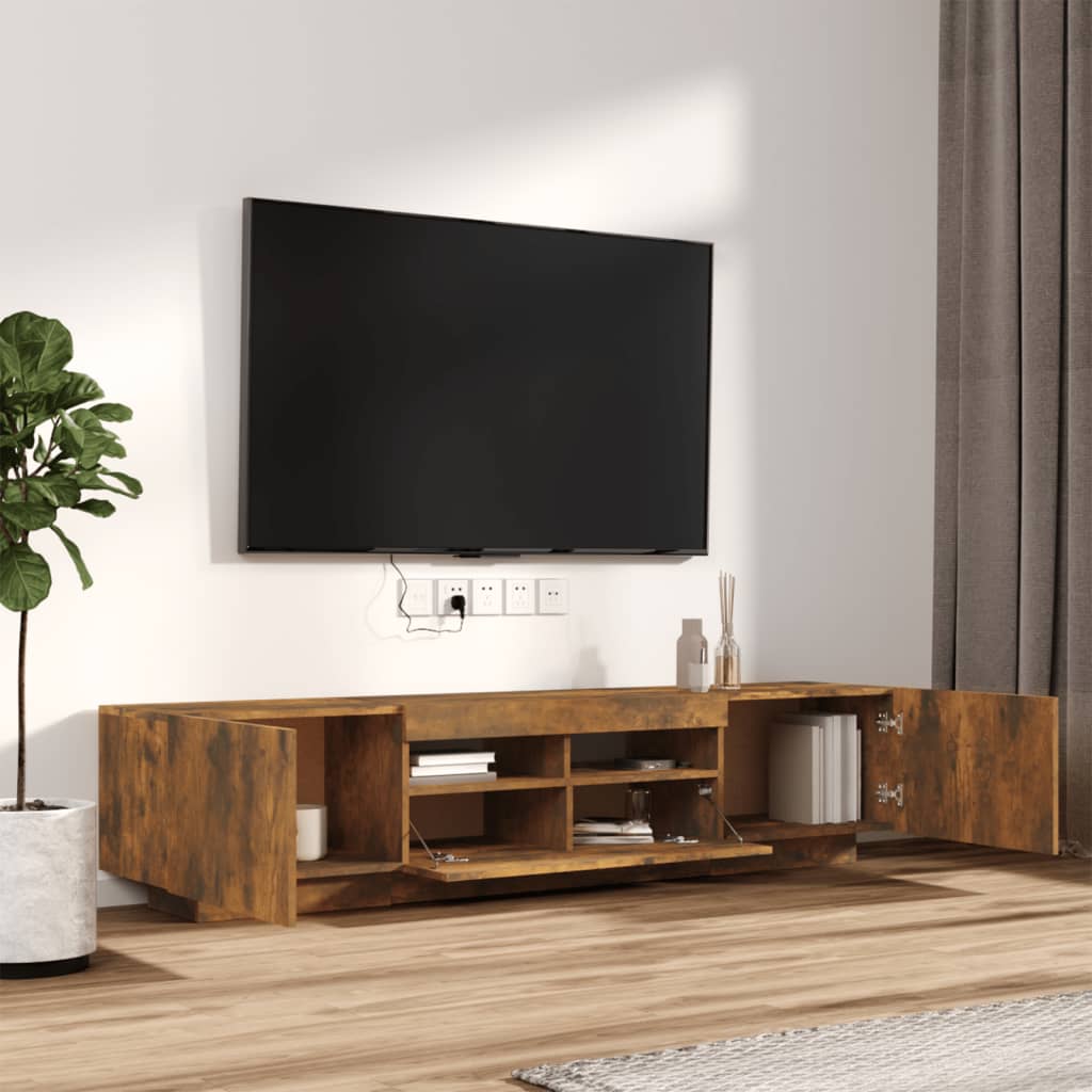 2 részes füstös tölgy színű fa TV-szekrény szett LED-lámpákkal