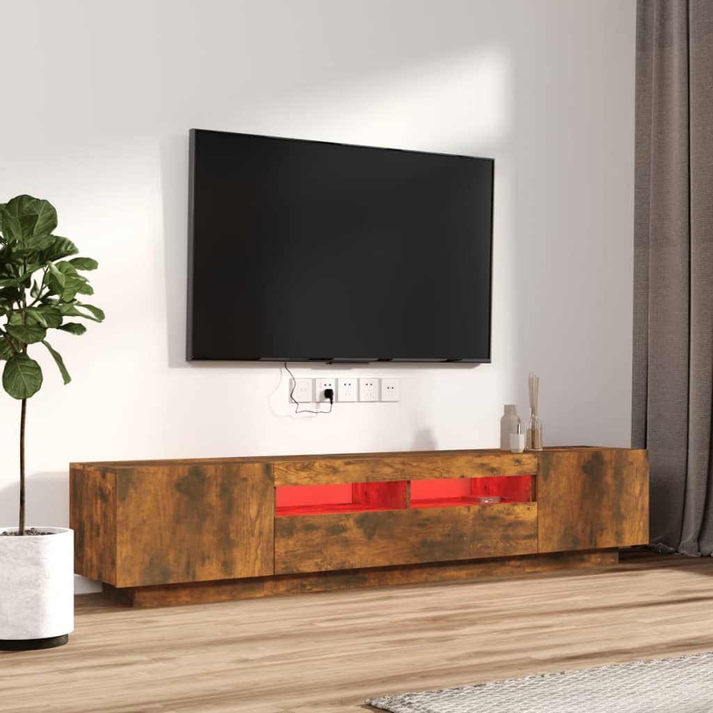 2 részes füstös tölgy színű fa TV-szekrény szett LED-lámpákkal