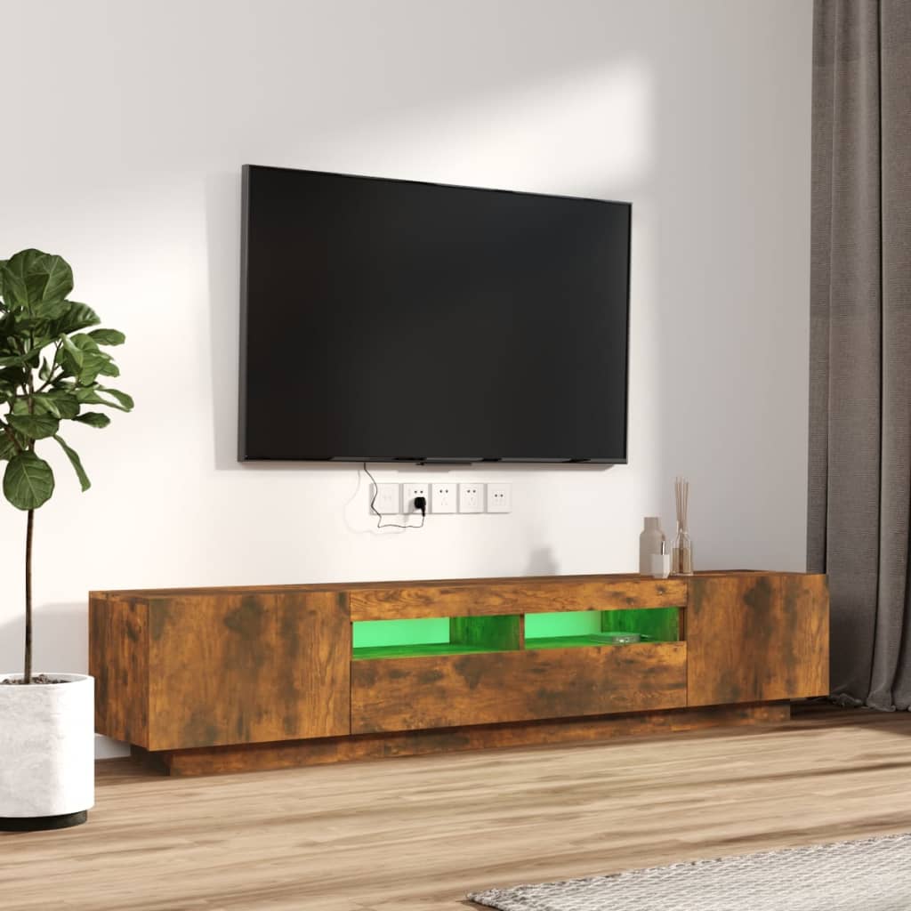 2 részes füstös tölgy színű fa TV-szekrény szett LED-lámpákkal