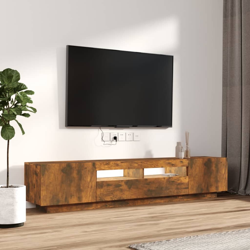 2 részes füstös tölgy színű fa TV-szekrény szett LED-lámpákkal