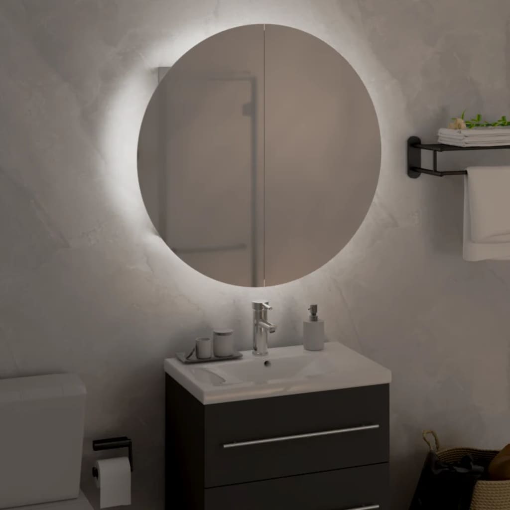 fehér fürdőszobai szekrény kerek tükörrel/LED-del 47x47x17,5 cm