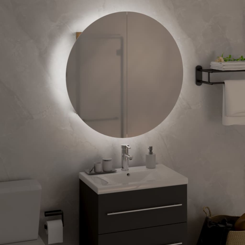 tölgy fürdőszobai szekrény kerek tükörrel/LED-del 47x47x17,5 cm