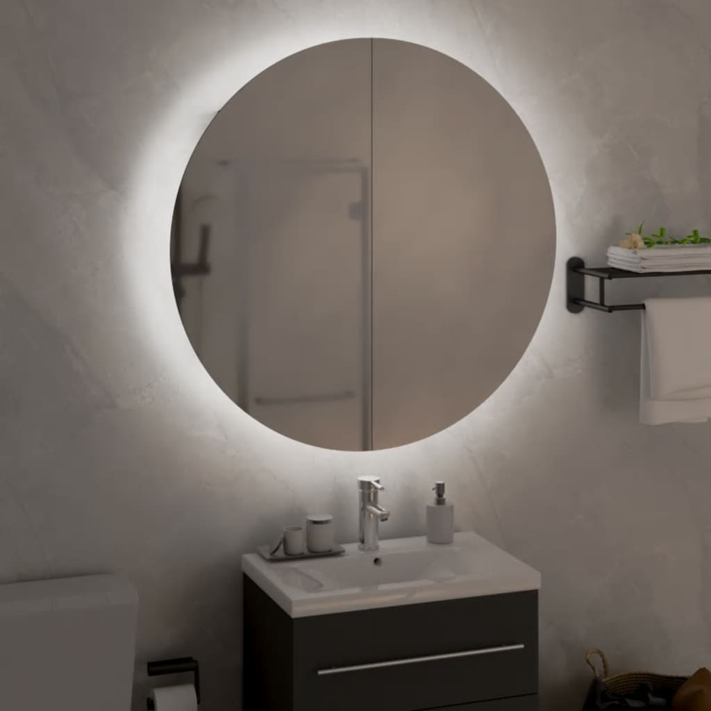 fekete fürdőszobaszekrény kerek tükörrel/LED-del 54x54x17,5 cm