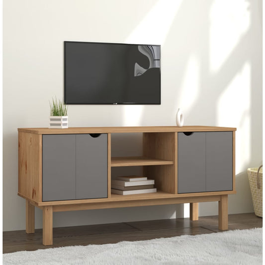 OTTA barna és szürke tömör fenyőfa TV-szekrény 113,5x43x57 cm