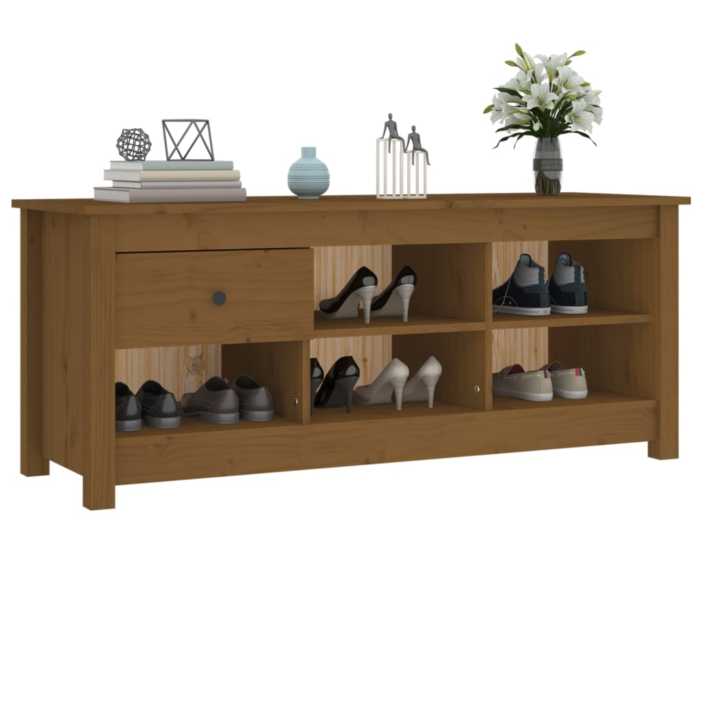 mézbarna tömör fenyőfa cipősszekrény 110 x 38 x 45,5 cm