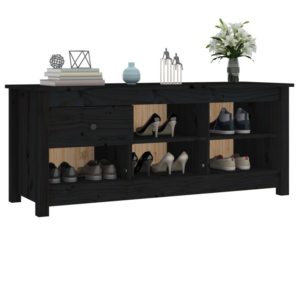fekete tömör fenyőfa cipősszekrény 110 x 38 x 45,5 cm