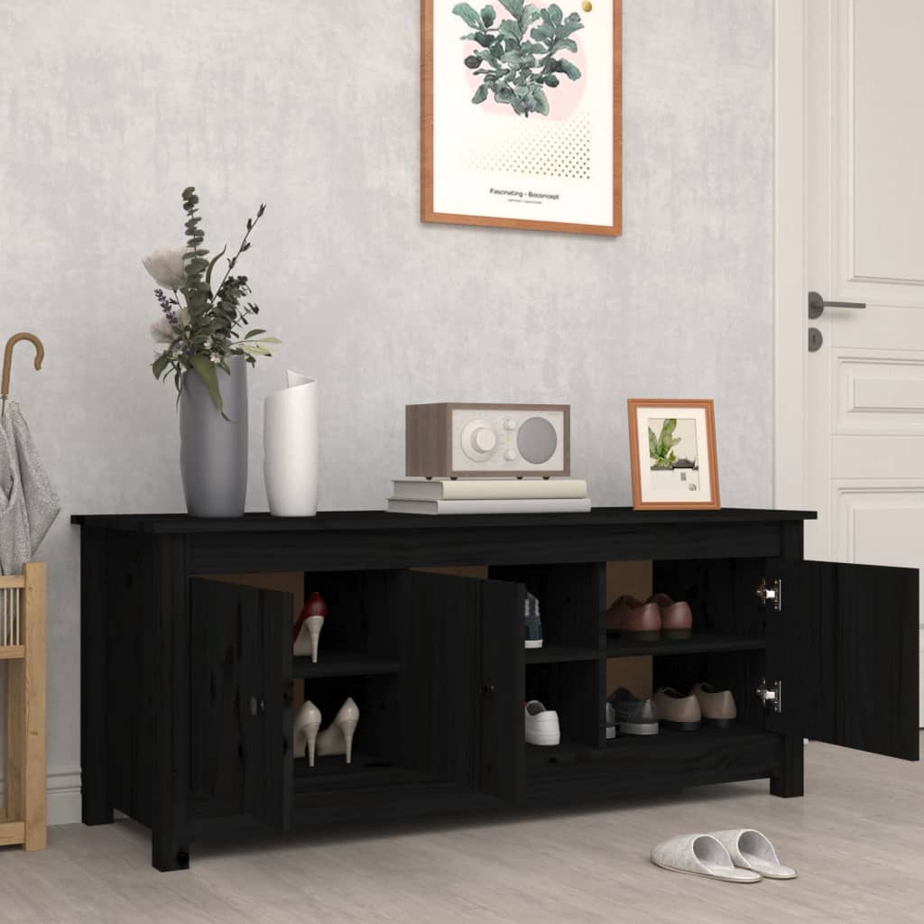 fekete tömör fenyőfa cipősszekrény 110 x 38 x 45,5 cm