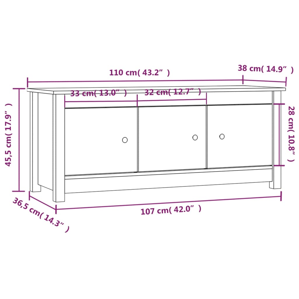 fekete tömör fenyőfa cipősszekrény 110 x 38 x 45,5 cm