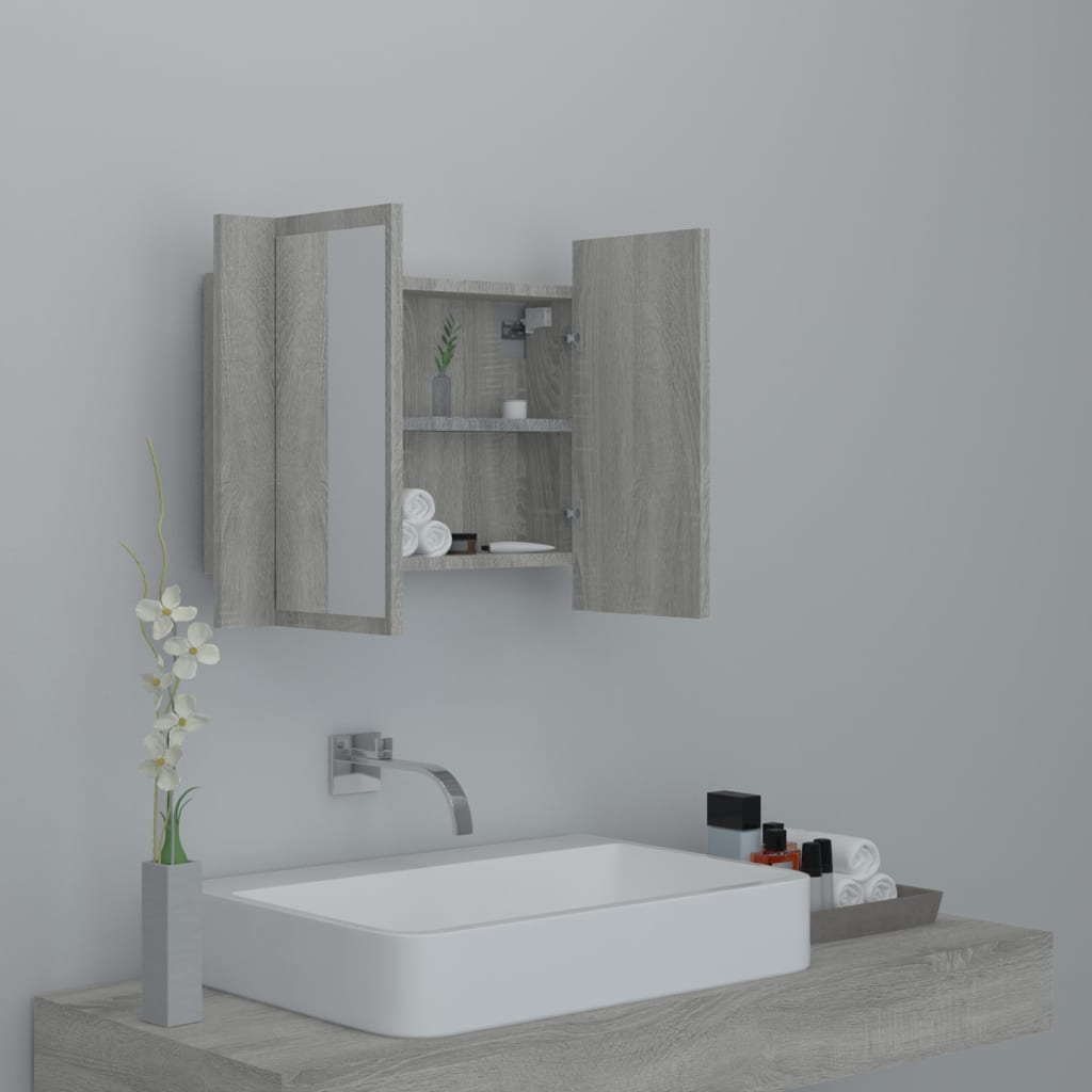 szürke sonoma színű szerelt fa tükörszekrény LED-del 60x12x45cm