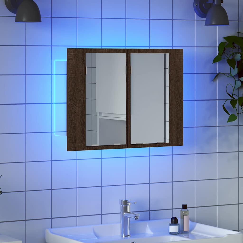 barna tölgyszínű szerelt fa tükörszekrény LED-del 60x12x45 cm