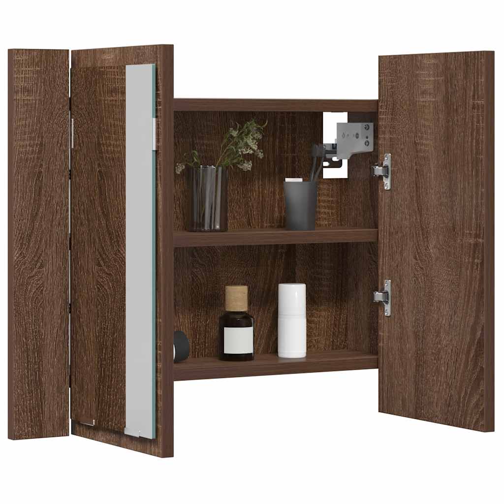 barna tölgyszínű szerelt fa tükörszekrény LED-del 60x12x45 cm