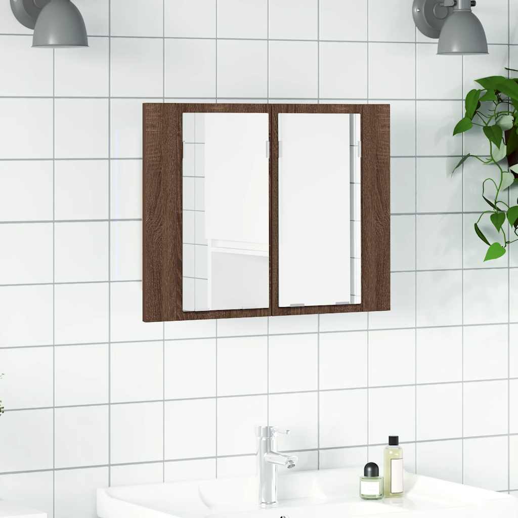barna tölgyszínű szerelt fa tükörszekrény LED-del 60x12x45 cm