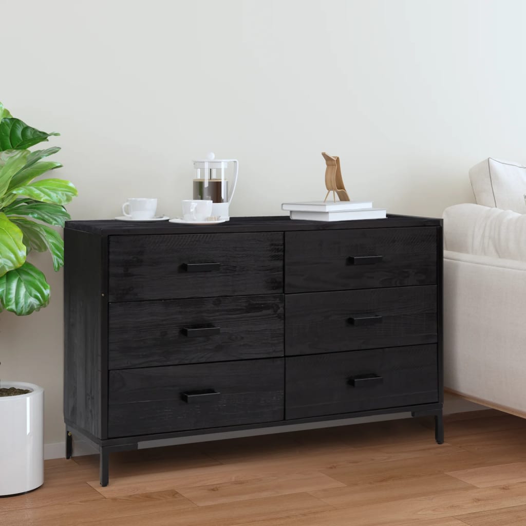 fekete tömör újrahasznosított fenyő tálalószekrény 110x35x70cm