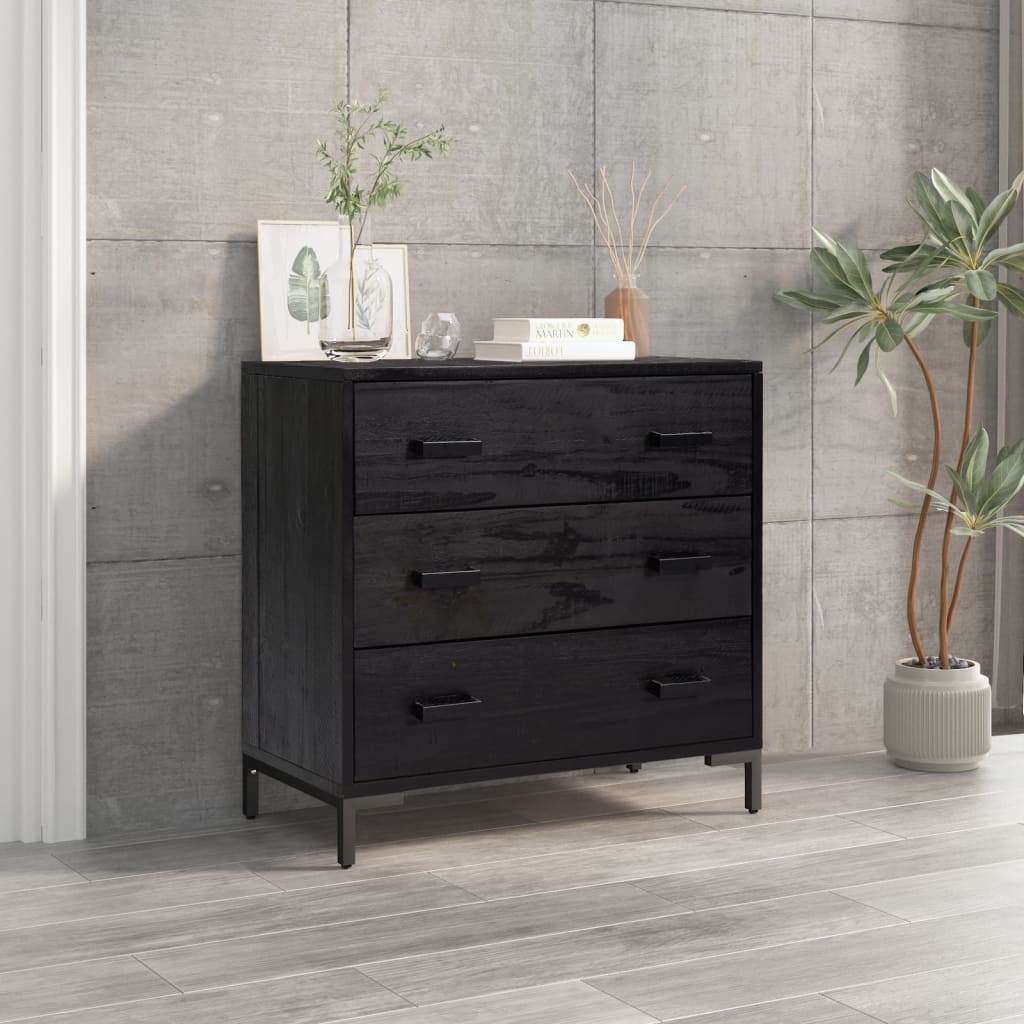 fekete tömör fenyőfa fiókos szekrény 75 x 35 x 70 cm