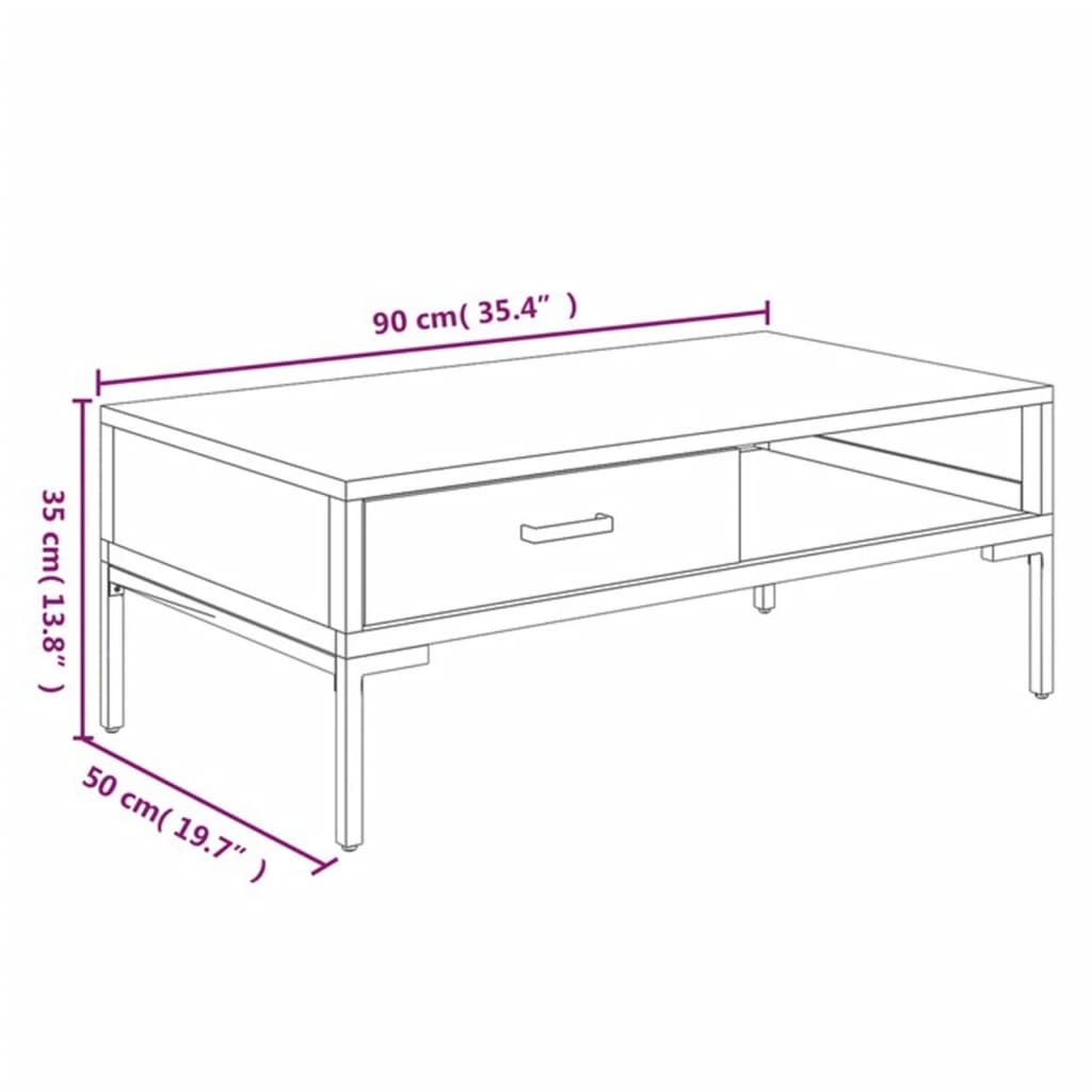 fekete tömör újrahasznosított fenyő dohányzóasztal 90x50x35 cm