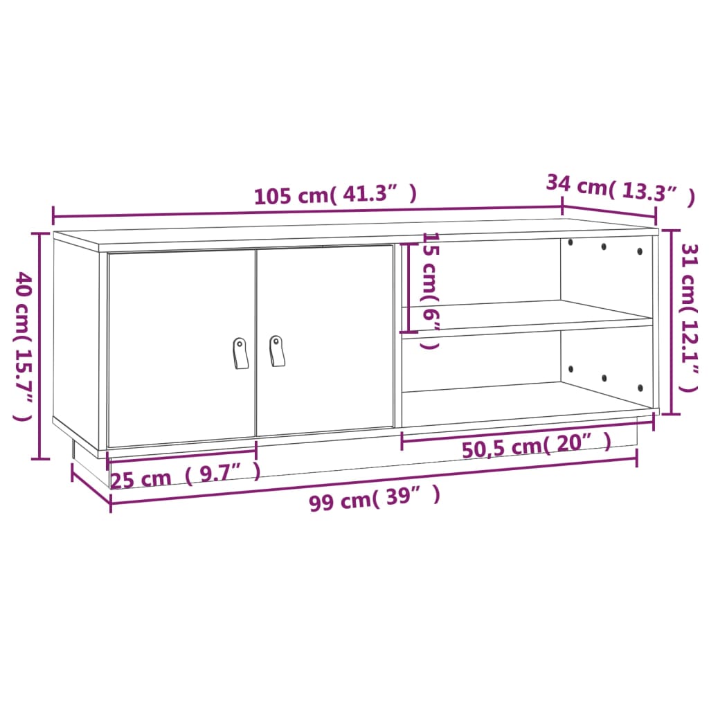 fekete tömör fenyőfa TV-szekrény 105 x 34 x 40 cm