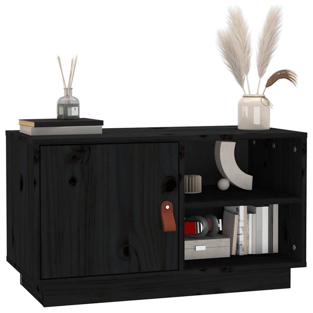 fekete tömör fenyőfa TV-szekrény 70 x 34 x 40 cm