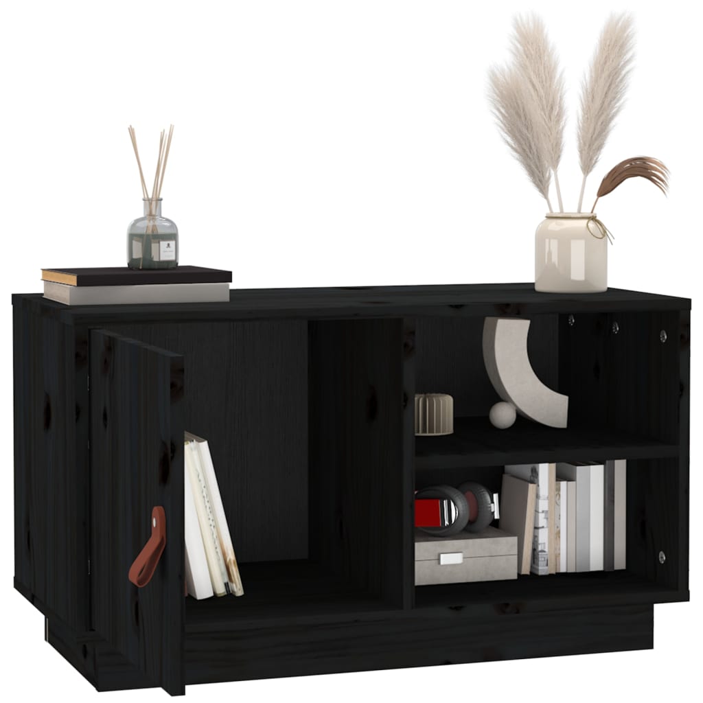 fekete tömör fenyőfa TV-szekrény 70 x 34 x 40 cm