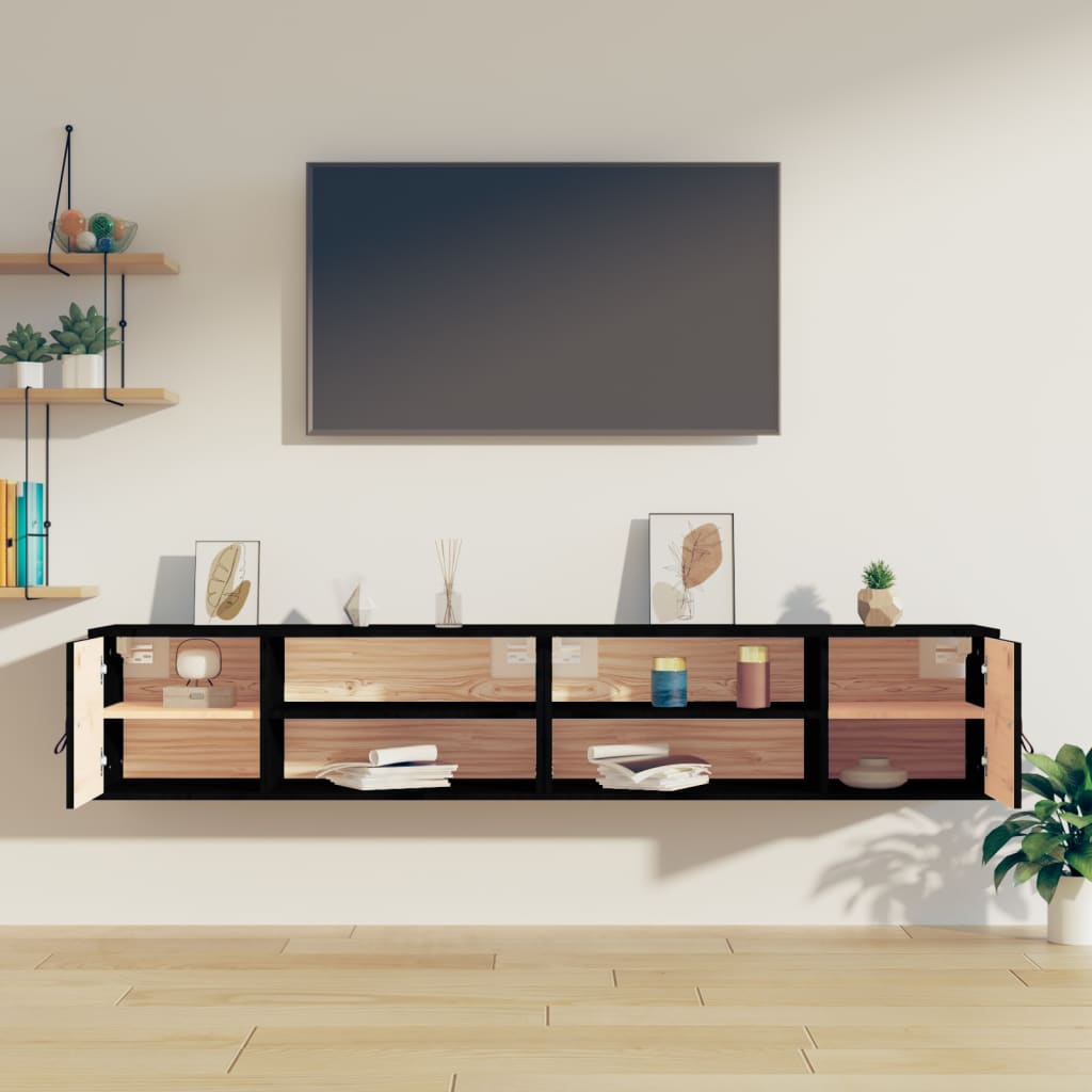 2 db fekete tömör fenyőfa faliszekrény 80 x 30 x 30 cm