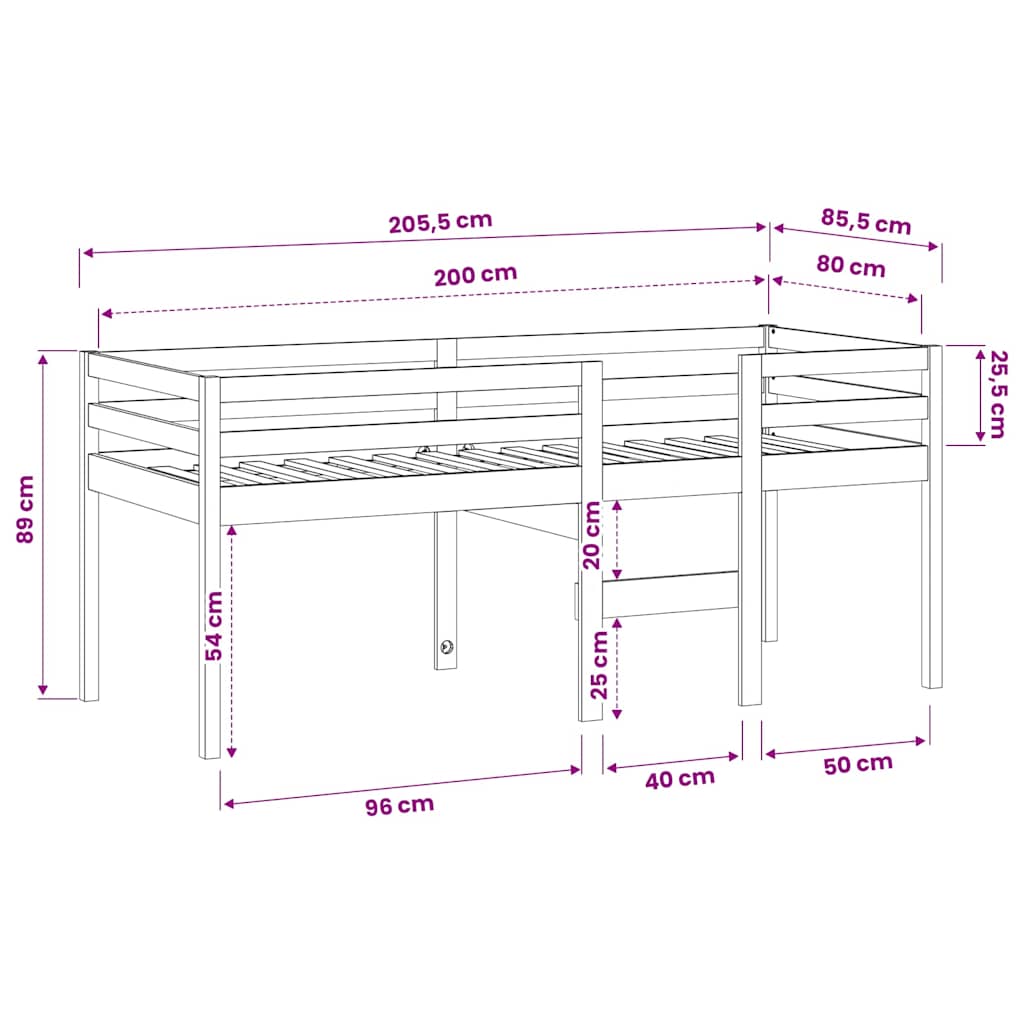fehér tömör fenyőfa magasított ágy 80x200 cm