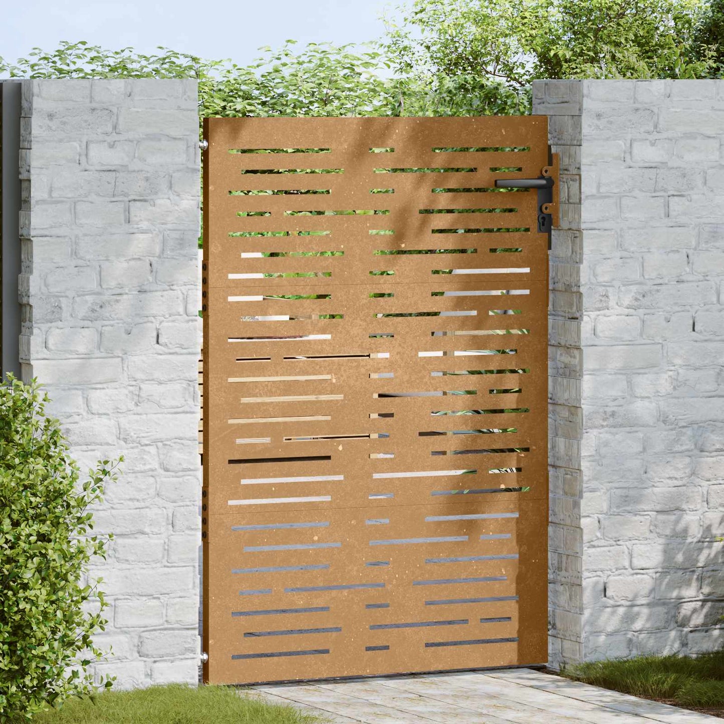 négyszögmintás corten acél kerti kapu 85 x 150 cm