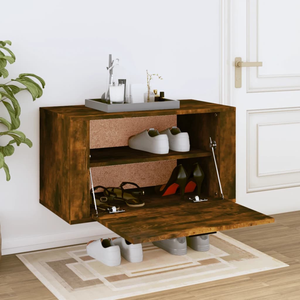 füstös tölgy színű tömör fenyőfa fali cipőszekrény 70x35x38 cm