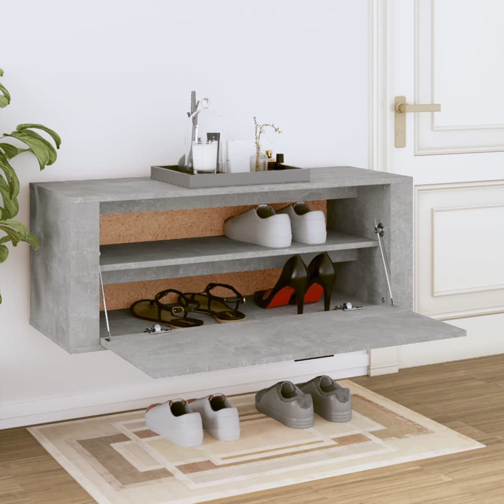 betonszürke szerelt fa fali cipőszekrény 100x35x38 cm