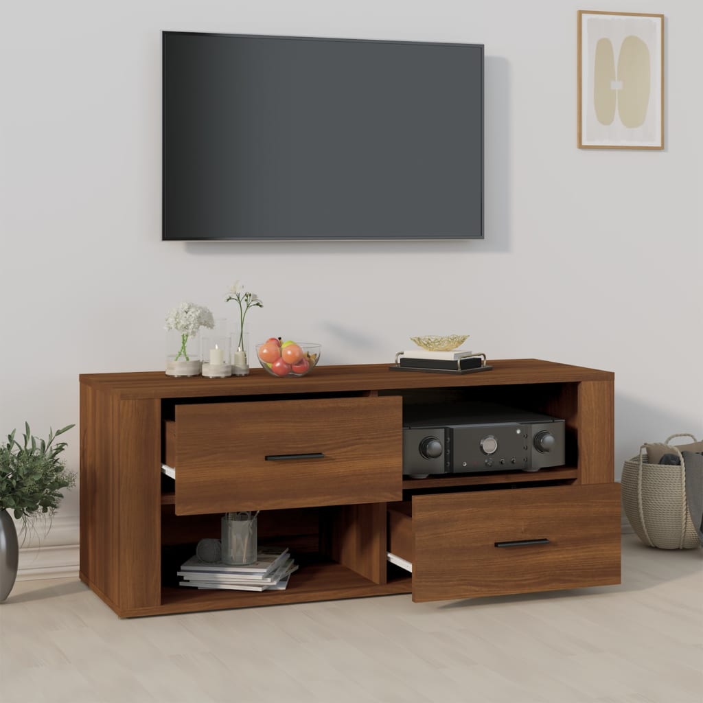 barna tölgyszínű szerelt fa TV-szekrény 100 x 35 x 40 cm