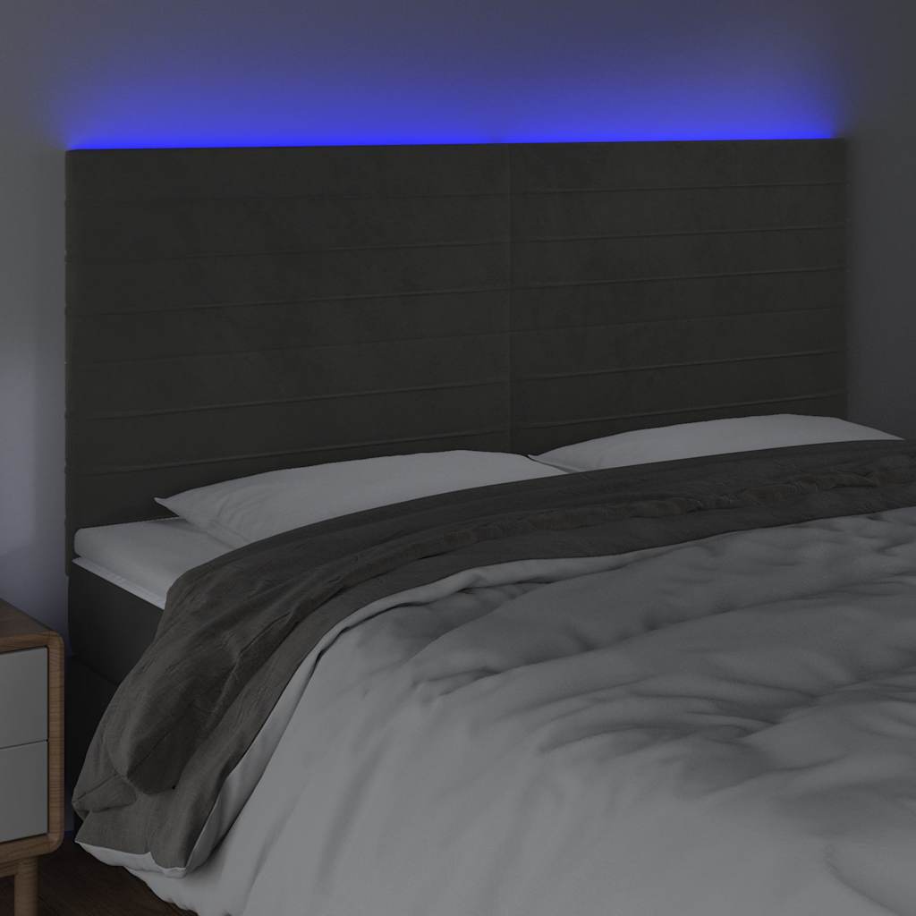sötétszürke bársony LED-es fejtámla 160x5x118/128 cm