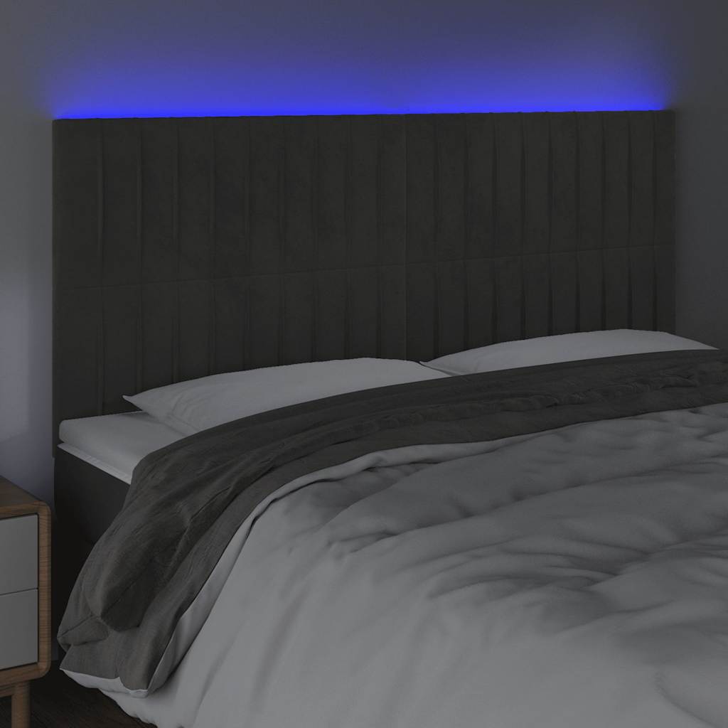 sötétszürke bársony LED-es fejtámla 160x5x118/128 cm