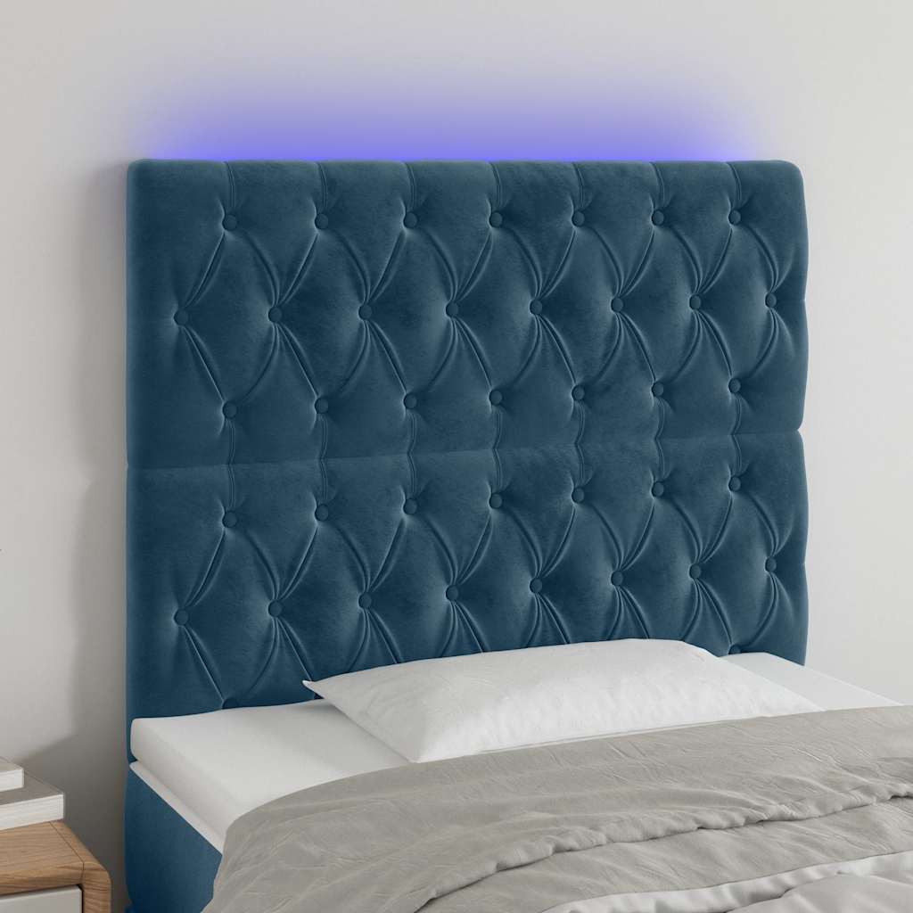 sötétkék bársony LED-es fejtámla 90x7x118/128 cm