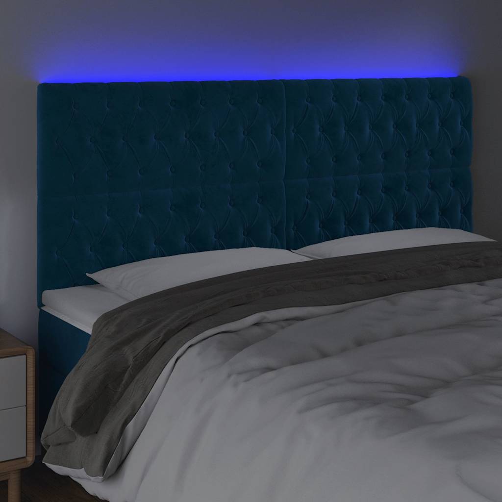 sötétkék bársony LED-es fejtámla 180x7x118/128 cm