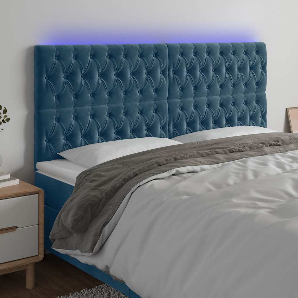 sötétkék bársony LED-es fejtámla 180x7x118/128 cm