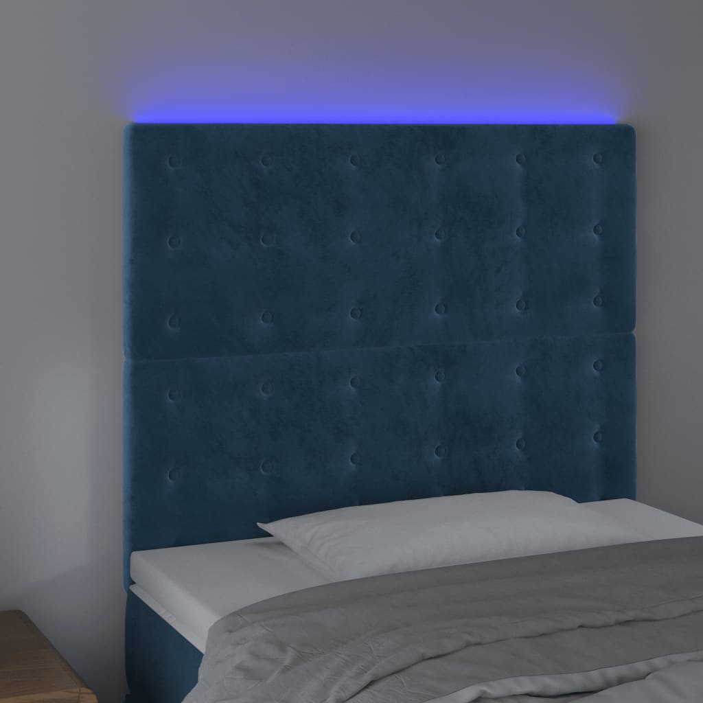 sötétkék bársony LED-es fejtámla 100x5x118/128 cm
