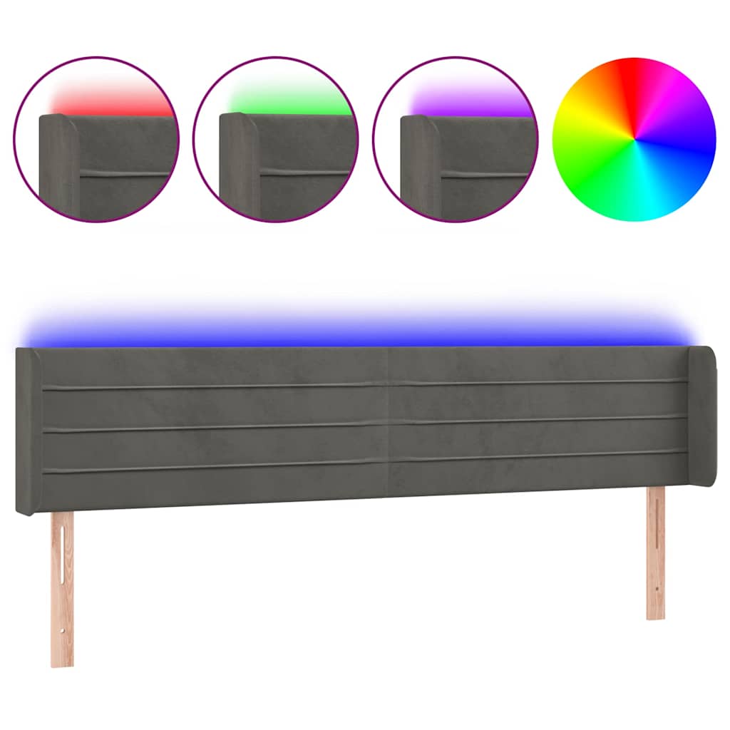 sötétszürke bársony LED-es fejtámla 163 x 16 x 78/88 cm