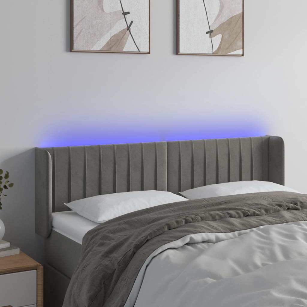 világosszürke bársony LED-es fejtámla 147 x 16 x 78/88 cm