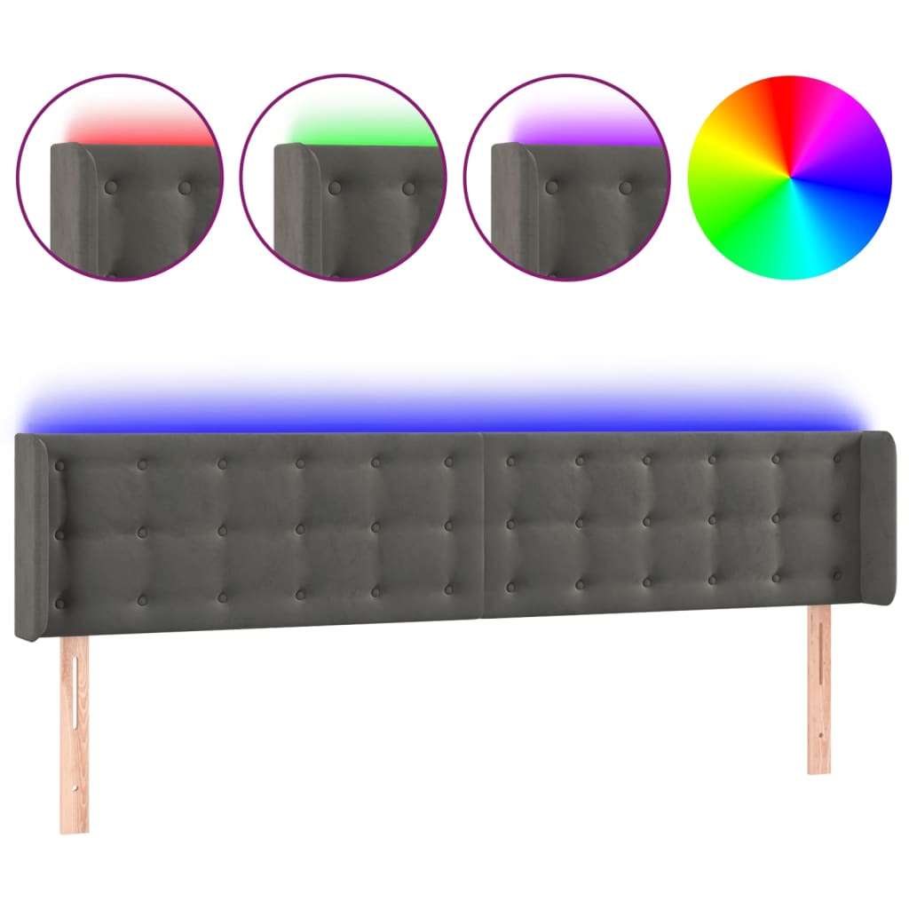 sötétszürke bársony LED-es fejtámla 183 x 16 x 78/88 cm