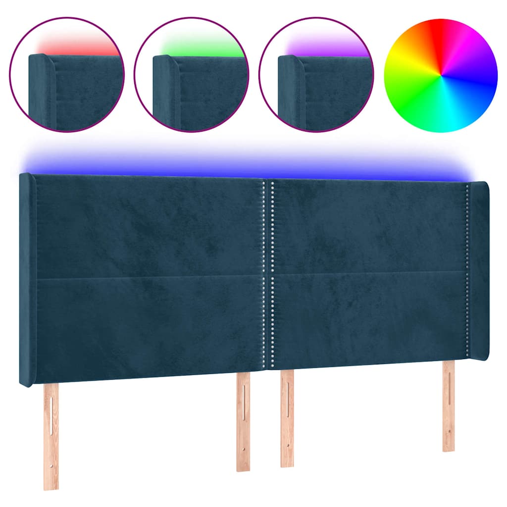 sötétkék bársony LED-es fejtámla 203x16x118/128 cm