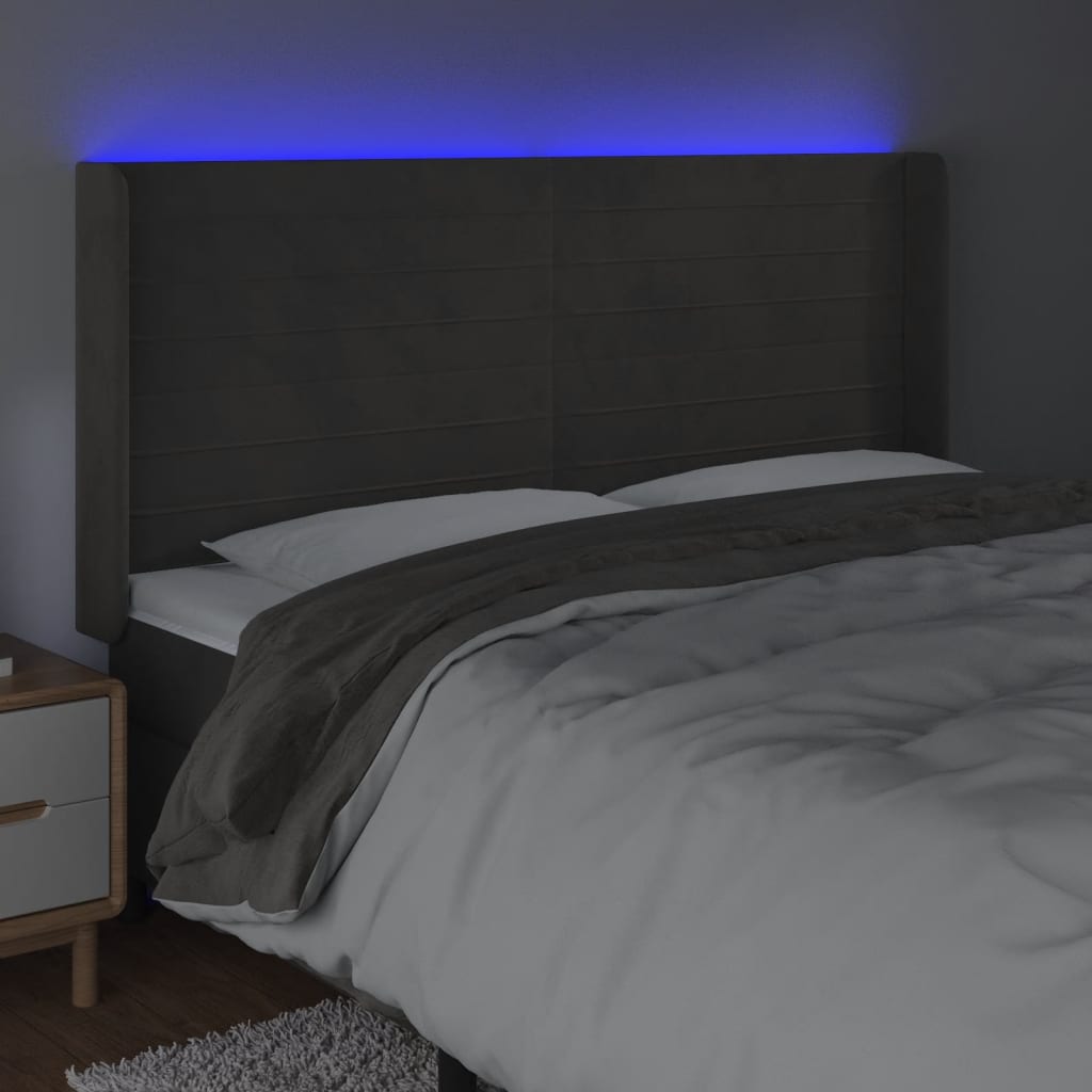 sötétszürke bársony LED-es fejtámla 163x16x118/128 cm