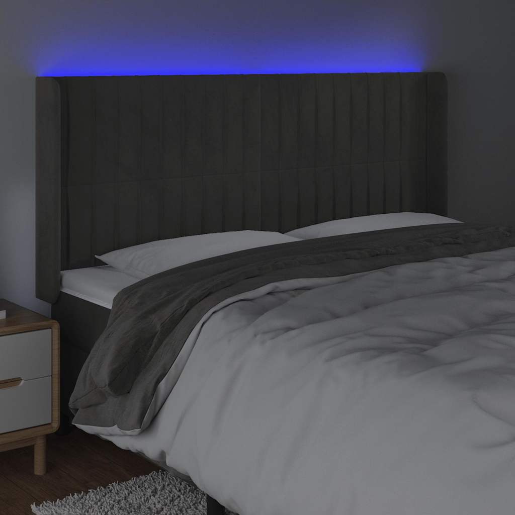 sötétszürke bársony LED-es fejtámla 163x16x118/128 cm