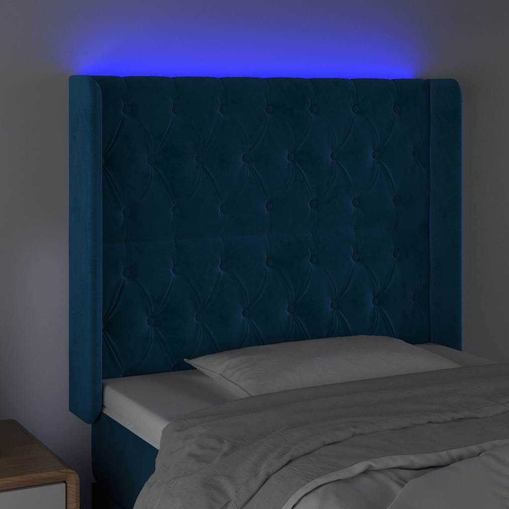 sötétkék bársony LED-es fejtámla 93x16x118/128 cm