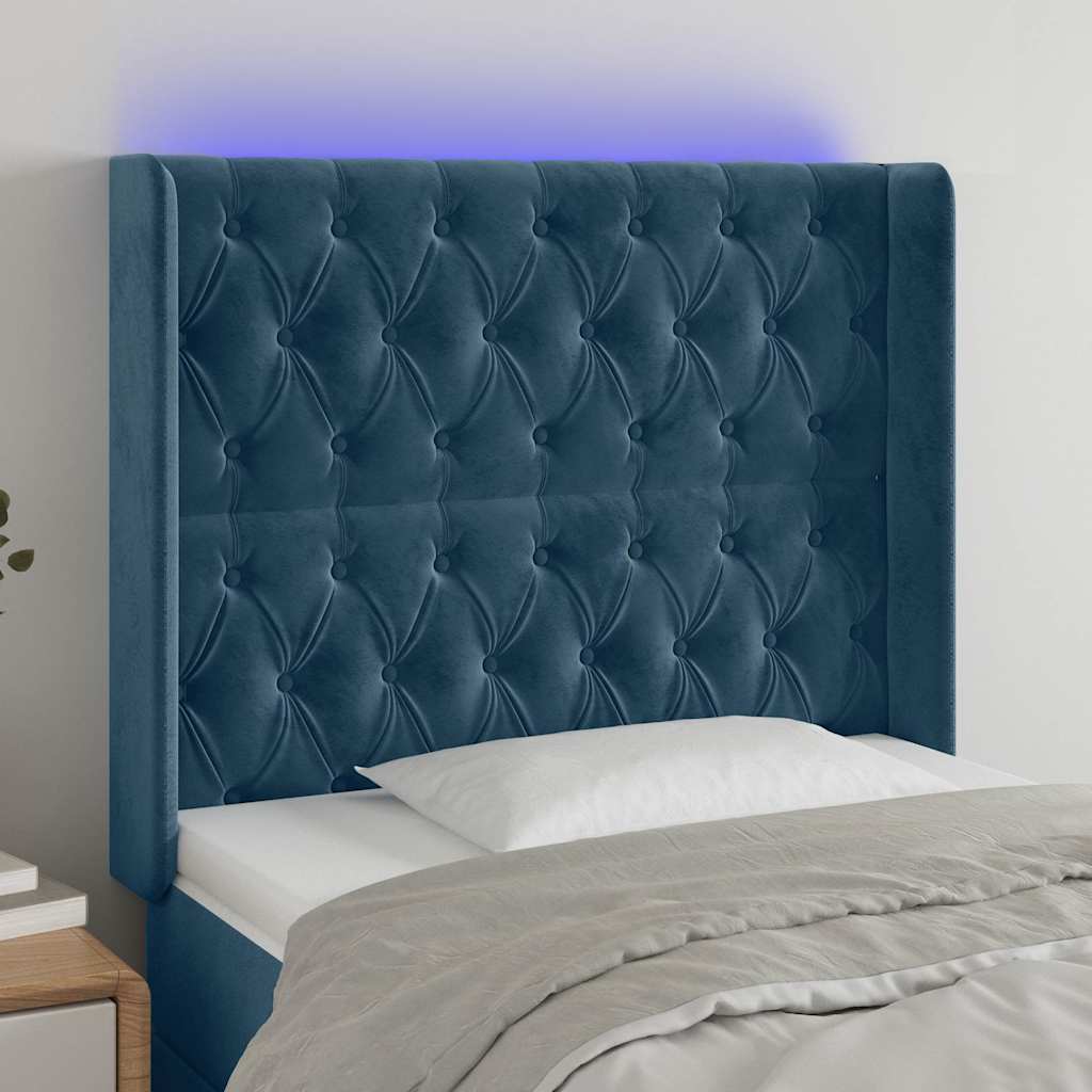 sötétkék bársony LED-es fejtámla 93x16x118/128 cm