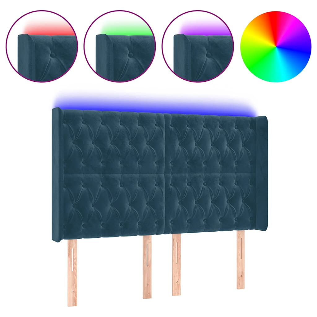 sötétkék bársony LED-es fejtámla 147x16x118/128 cm