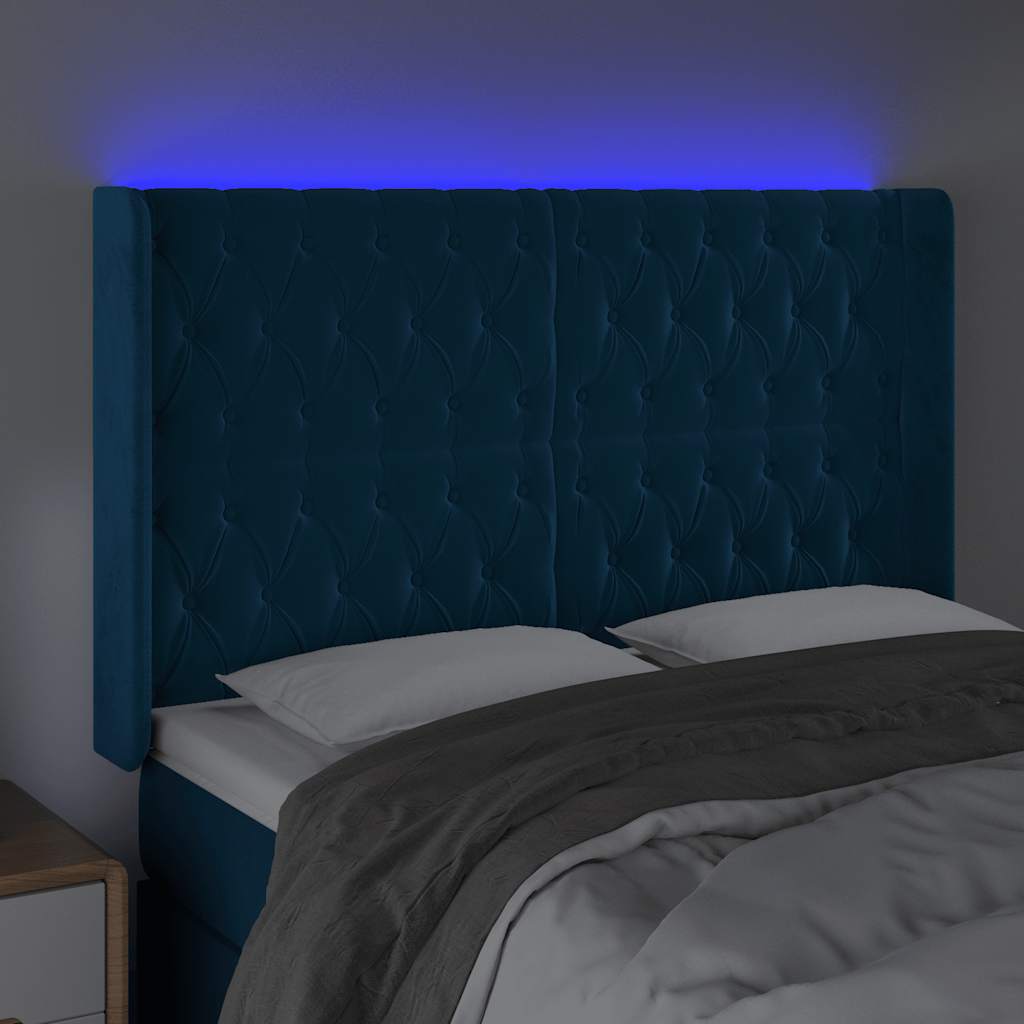 sötétkék bársony LED-es fejtámla 147x16x118/128 cm