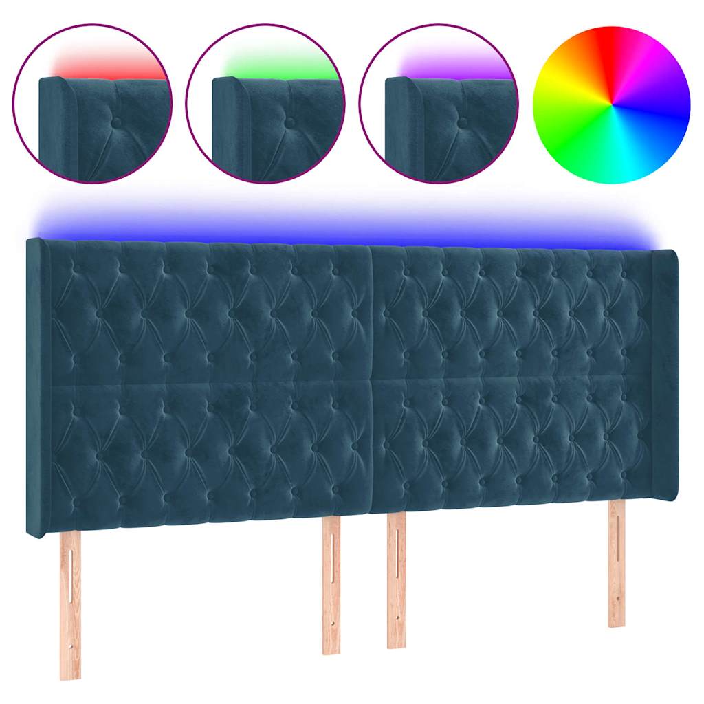 sötétkék bársony LED-es fejtámla 183x16x118/128 cm